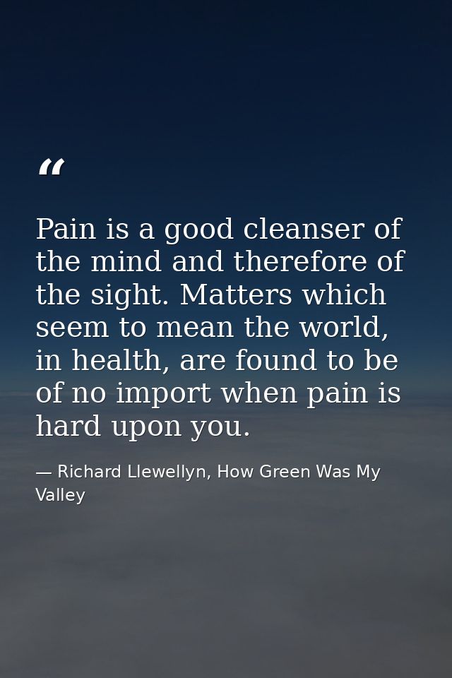Pain is a good cleanser of the mind and therefore of the sight. Matters which seem to mean the world, in health, are fou — Richard Llewellyn, How Green Was My Valley