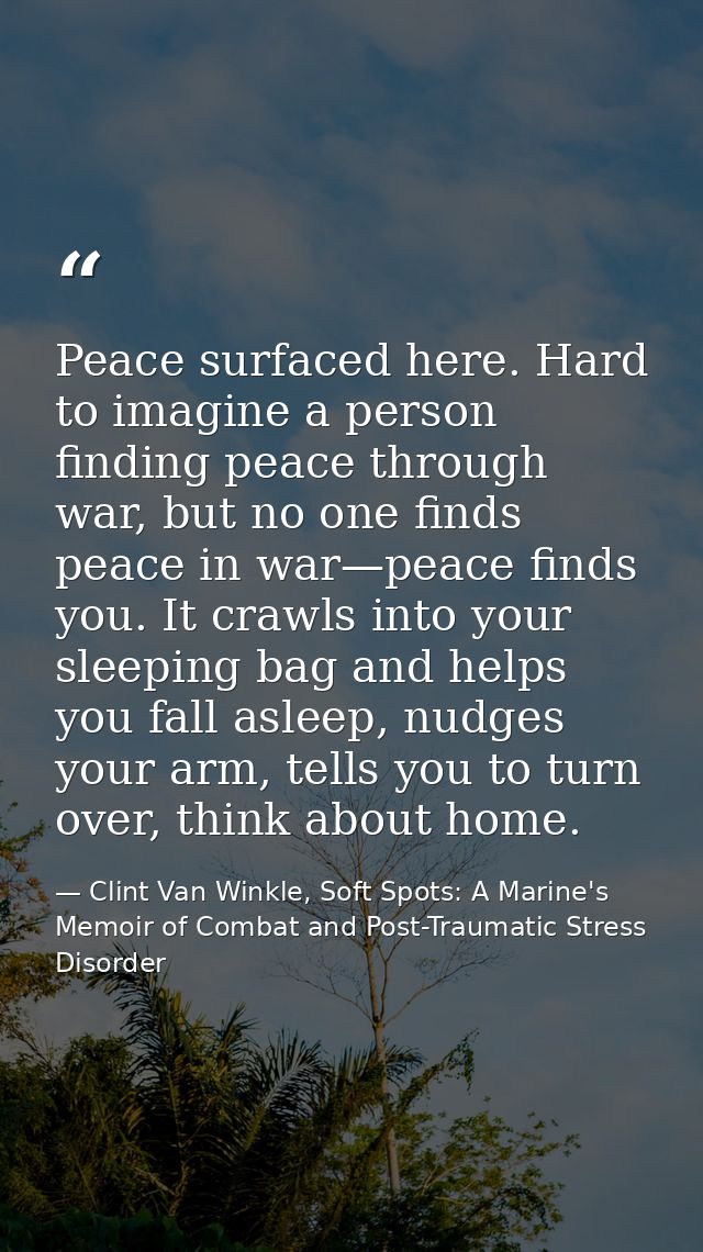 Peace surfaced here. Hard to imagine a person finding peace through war, but no one finds peace in war—peace finds you.  — Clint Van Winkle, Soft Spots: A Marine's Memoir of Combat and Post-Traumatic Stress Disorder