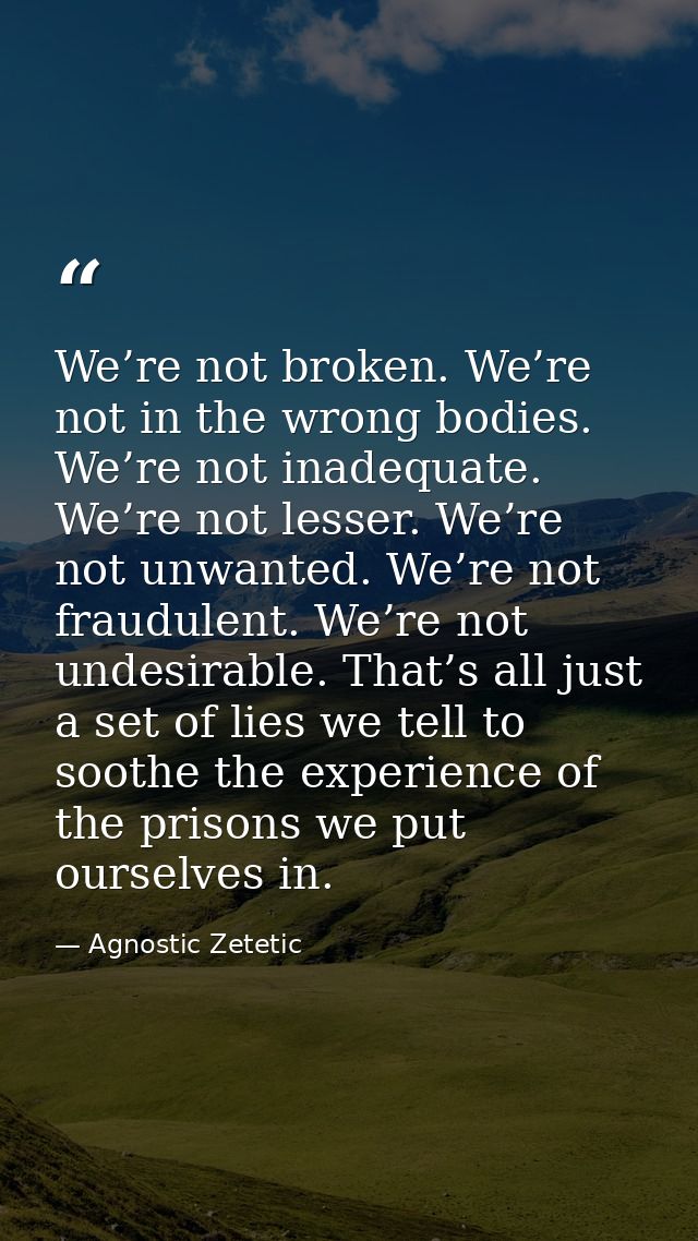 We’re not broken. We’re not in the wrong bodies. We’re not inadequate. We’re not lesser. We’re not unwanted. We’re not f — Agnostic Zetetic