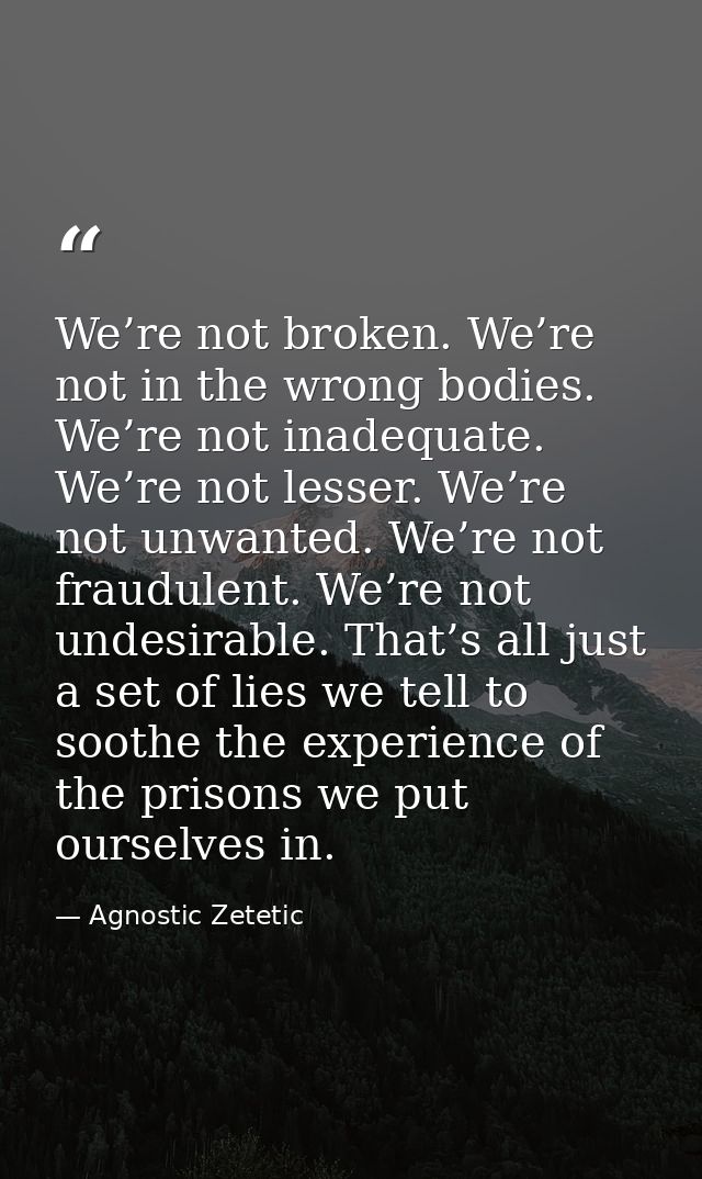 We’re not broken. We’re not in the wrong bodies. We’re not inadequate. We’re not lesser. We’re not unwanted. We’re not f — Agnostic Zetetic