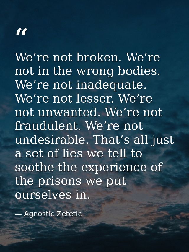 We’re not broken. We’re not in the wrong bodies. We’re not inadequate. We’re not lesser. We’re not unwanted. We’re not f — Agnostic Zetetic
