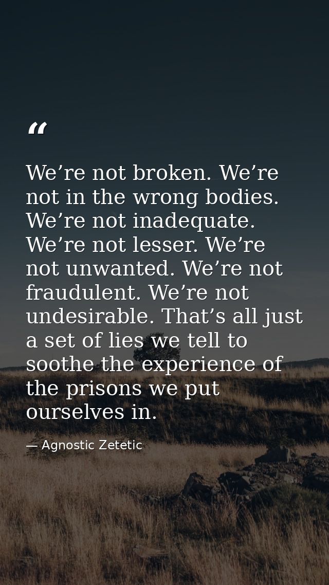 We’re not broken. We’re not in the wrong bodies. We’re not inadequate. We’re not lesser. We’re not unwanted. We’re not f — Agnostic Zetetic