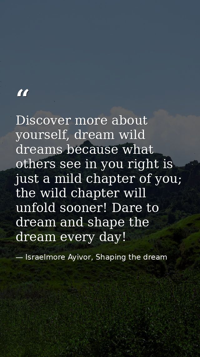 Discover more about yourself, dream wild dreams because what others see in you right is just a mild chapter of you; the  — Israelmore Ayivor, Shaping the dream