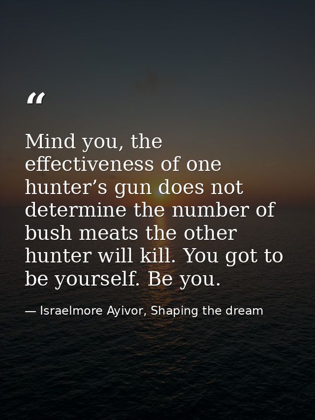 Mind you, the effectiveness of one hunter’s gun does not determine the number of bush meats the other hunter will kill.  — Israelmore Ayivor, Shaping the dream