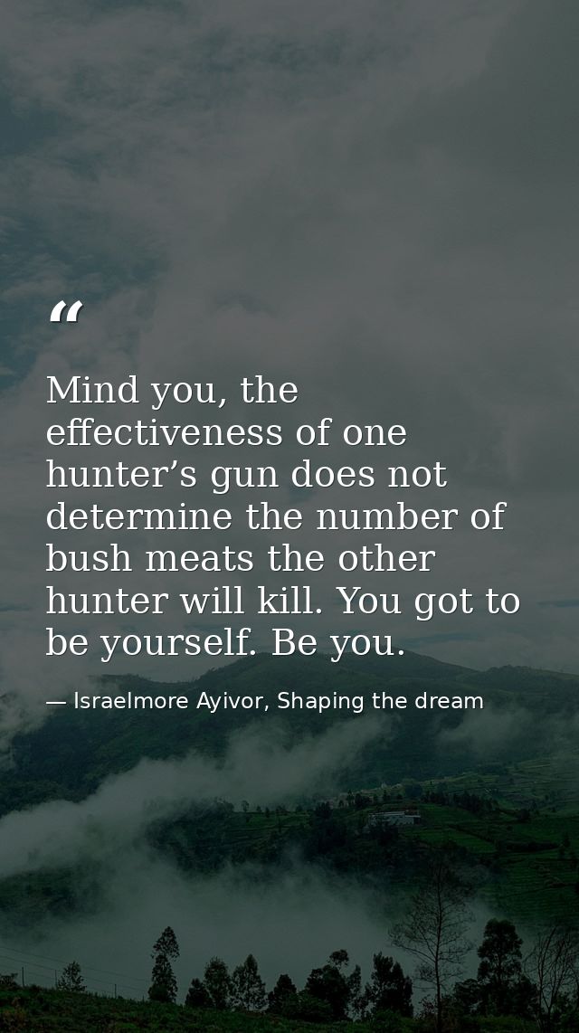 Mind you, the effectiveness of one hunter’s gun does not determine the number of bush meats the other hunter will kill.  — Israelmore Ayivor, Shaping the dream