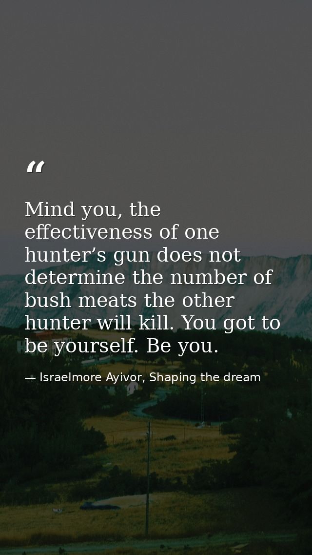 Mind you, the effectiveness of one hunter’s gun does not determine the number of bush meats the other hunter will kill.  — Israelmore Ayivor, Shaping the dream