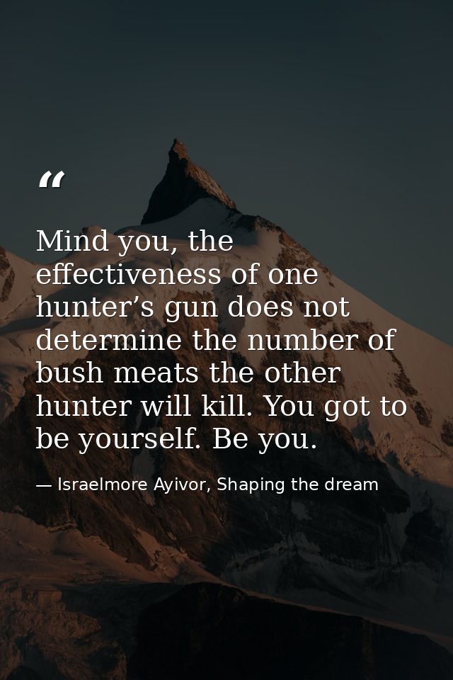 Mind you, the effectiveness of one hunter’s gun does not determine the number of bush meats the other hunter will kill.  — Israelmore Ayivor, Shaping the dream