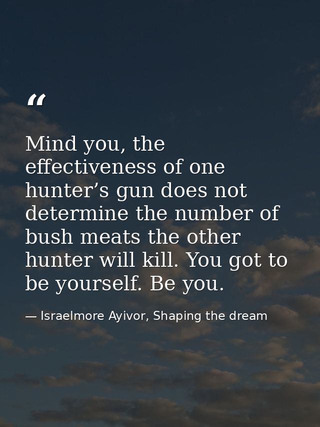 Mind you, the effectiveness of one hunter’s gun does not determine the number of bush meats the other hunter will kill.  — Israelmore Ayivor, Shaping the dream
