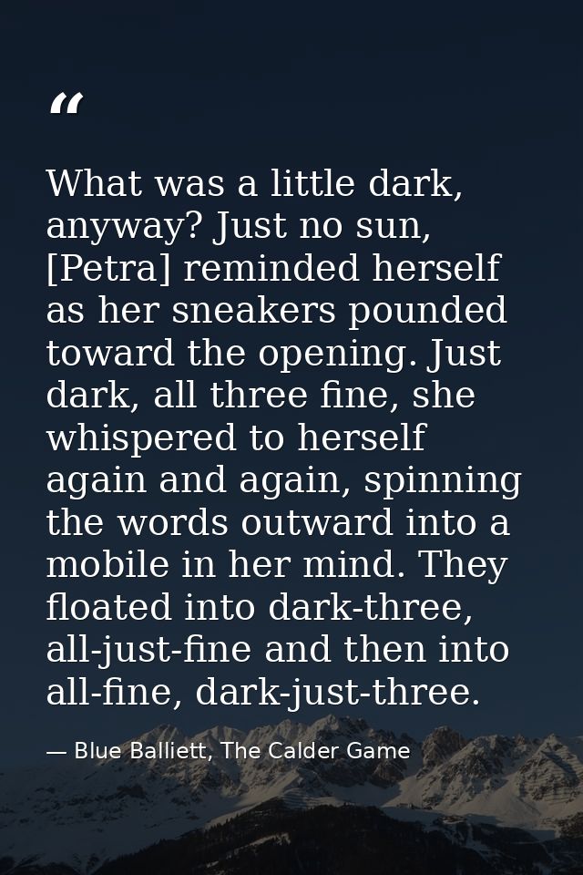 What was a little dark, anyway? Just no sun, [Petra] reminded herself as her sneakers pounded toward the opening. Just d — Blue Balliett, The Calder Game