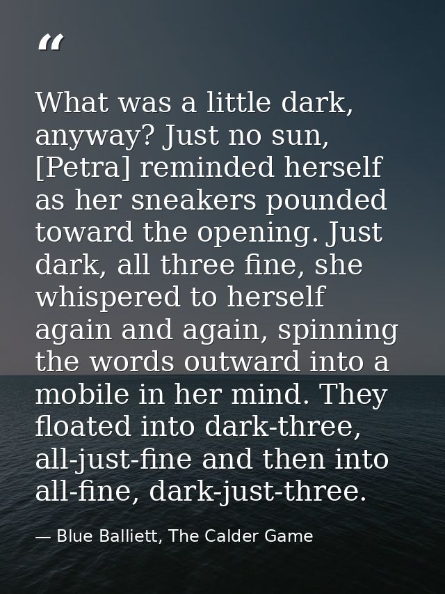 What was a little dark, anyway? Just no sun, [Petra] reminded herself as her sneakers pounded toward the opening. Just d — Blue Balliett, The Calder Game
