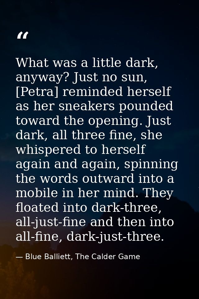 What was a little dark, anyway? Just no sun, [Petra] reminded herself as her sneakers pounded toward the opening. Just d — Blue Balliett, The Calder Game