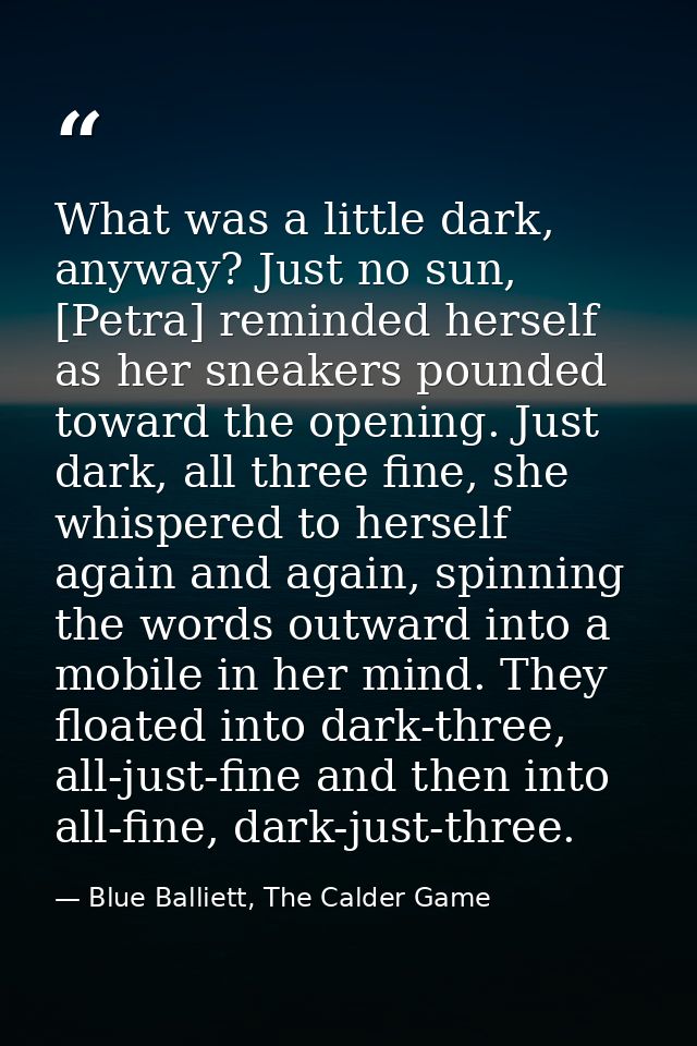 What was a little dark, anyway? Just no sun, [Petra] reminded herself as her sneakers pounded toward the opening. Just d — Blue Balliett, The Calder Game