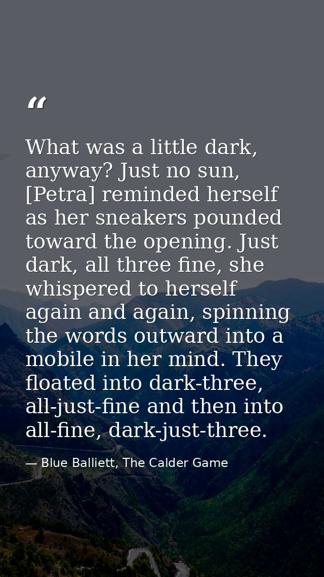 What was a little dark, anyway? Just no sun, [Petra] reminded herself as her sneakers pounded toward the opening. Just d — Blue Balliett, The Calder Game