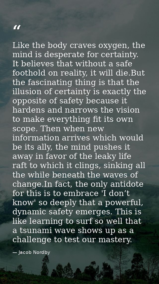 Like the body craves oxygen, the mind is desperate for certainty. It believes that without a safe foothold on reality, i — Jacob Nordby