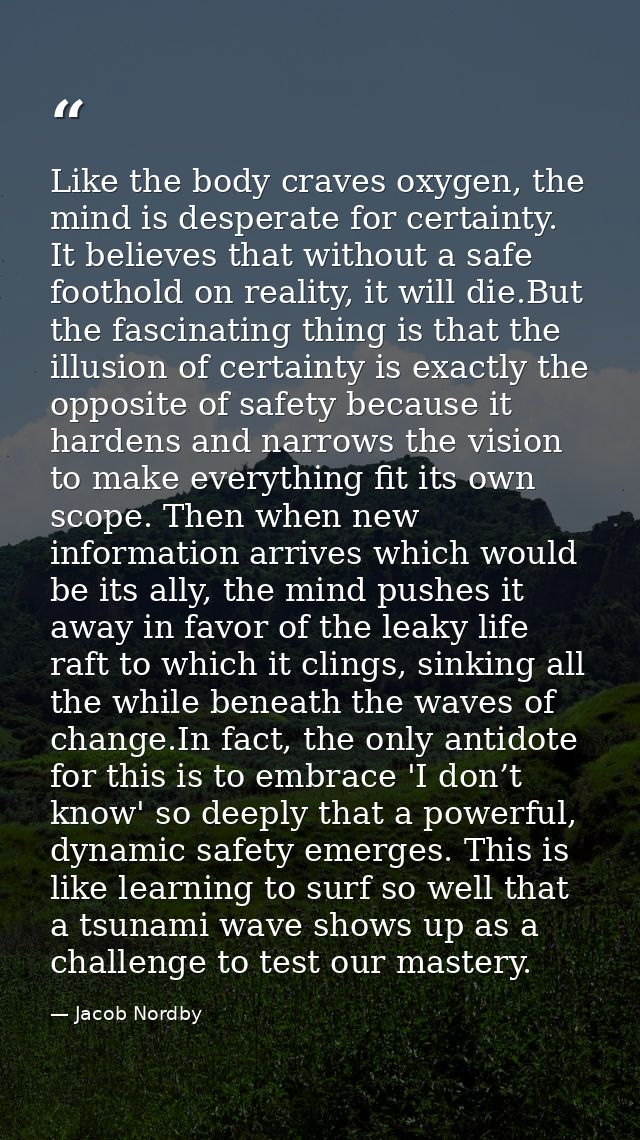 Like the body craves oxygen, the mind is desperate for certainty. It believes that without a safe foothold on reality, i — Jacob Nordby
