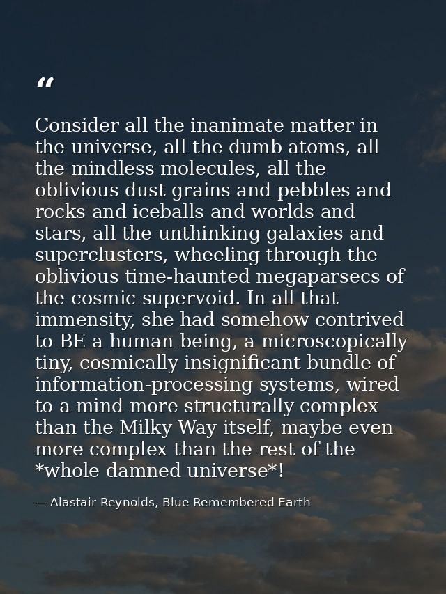Consider all the inanimate matter in the universe, all the dumb atoms, all the mindless molecules, all the oblivious dus — Alastair Reynolds, Blue Remembered Earth