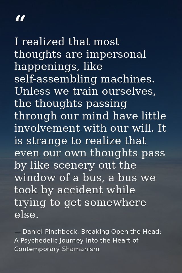 I realized that most thoughts are impersonal happenings, like self-assembling machines. Unless we train ourselves, the t — Daniel Pinchbeck, Breaking Open the Head: A Psychedelic Journey Into the Heart of Contemporary Shamanism