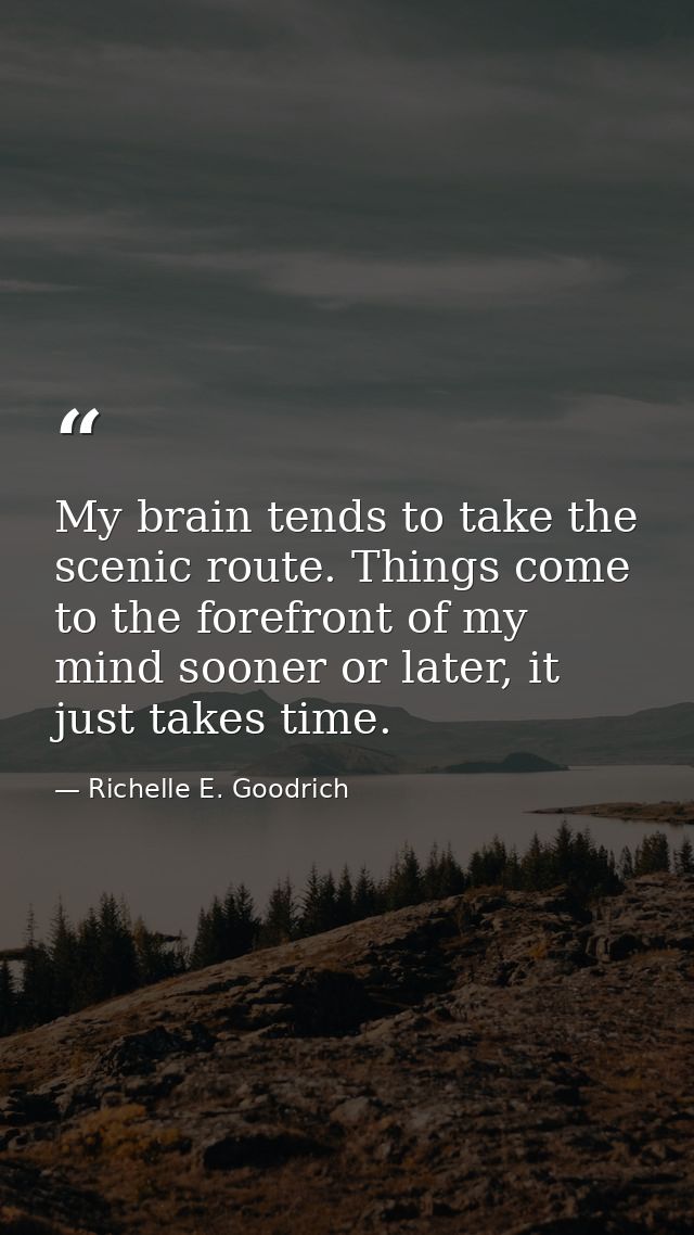 My brain tends to take the scenic route. Things come to the forefront of my mind sooner or later, it just takes time. — Richelle E. Goodrich