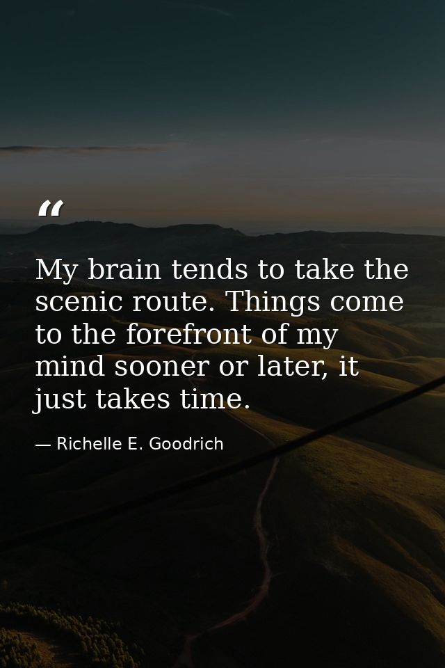 My brain tends to take the scenic route. Things come to the forefront of my mind sooner or later, it just takes time. — Richelle E. Goodrich
