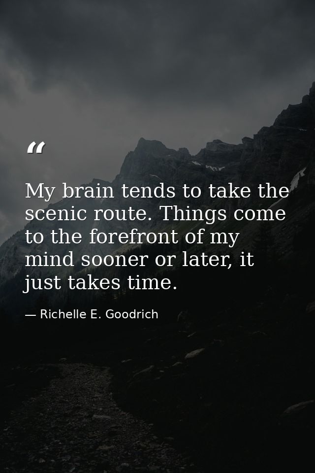My brain tends to take the scenic route. Things come to the forefront of my mind sooner or later, it just takes time. — Richelle E. Goodrich
