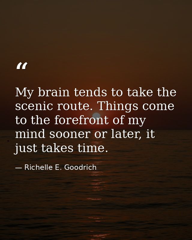 My brain tends to take the scenic route. Things come to the forefront of my mind sooner or later, it just takes time. — Richelle E. Goodrich