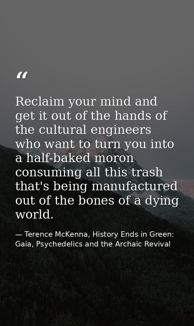 Reclaim your mind and get it out of the hands of the cultural engineers who want to turn you into a half-baked moron con — Terence McKenna, History Ends in Green: Gaia, Psychedelics and the Archaic Revival