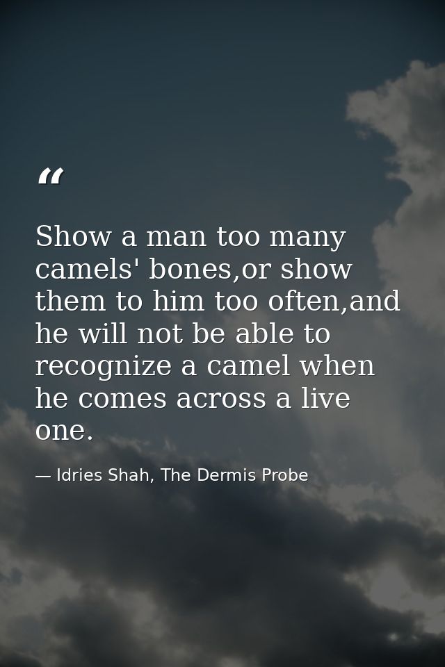 Show a man too many camels' bones,or show them to him too often,and he will not be able to recognize a camel when he com — Idries Shah, The Dermis Probe