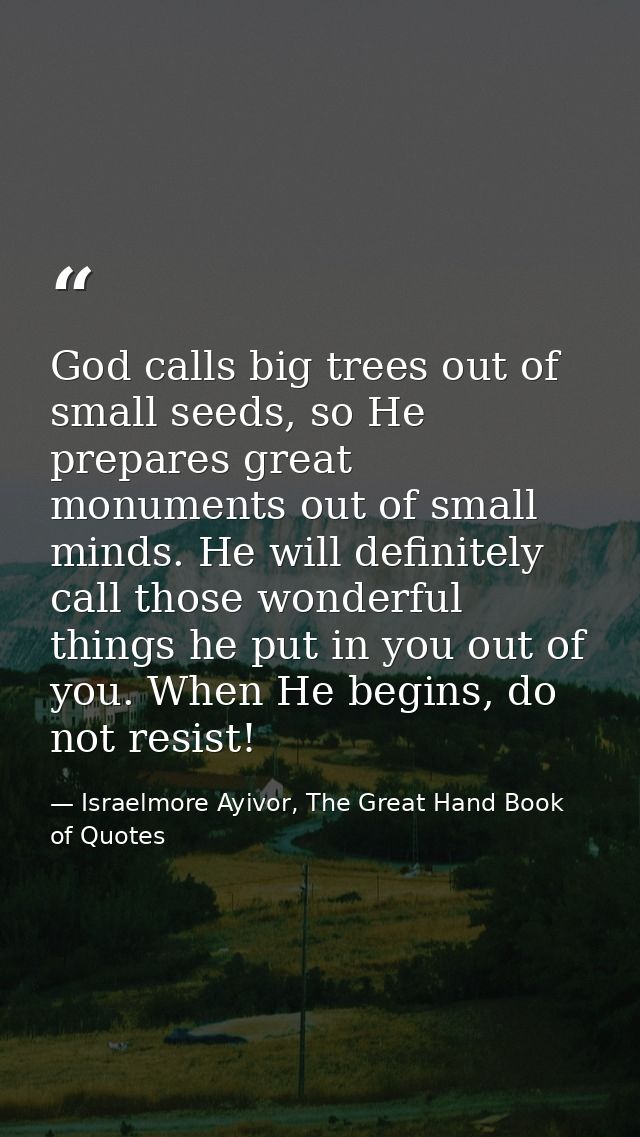 God calls big trees out of small seeds, so He prepares great monuments out of small minds. He will definitely call those — Israelmore Ayivor, The Great Hand Book of Quotes
