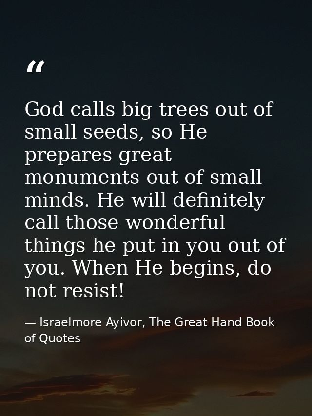 God calls big trees out of small seeds, so He prepares great monuments out of small minds. He will definitely call those — Israelmore Ayivor, The Great Hand Book of Quotes