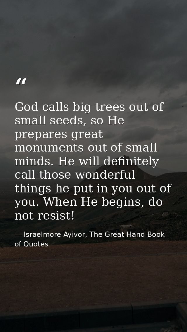 God calls big trees out of small seeds, so He prepares great monuments out of small minds. He will definitely call those — Israelmore Ayivor, The Great Hand Book of Quotes