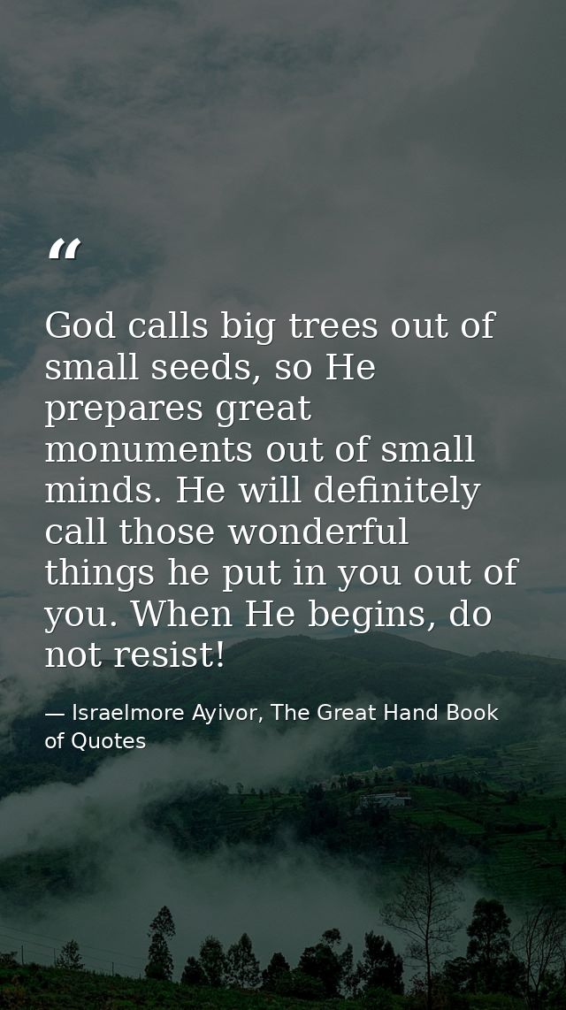 God calls big trees out of small seeds, so He prepares great monuments out of small minds. He will definitely call those — Israelmore Ayivor, The Great Hand Book of Quotes