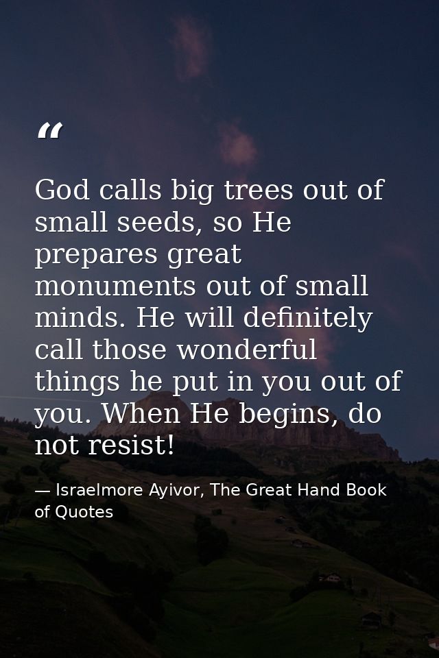 God calls big trees out of small seeds, so He prepares great monuments out of small minds. He will definitely call those — Israelmore Ayivor, The Great Hand Book of Quotes
