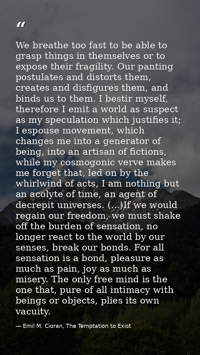 We breathe too fast to be able to grasp things in themselves or to expose their fragility. Our panting postulates and di — Emil M. Cioran, The Temptation to Exist