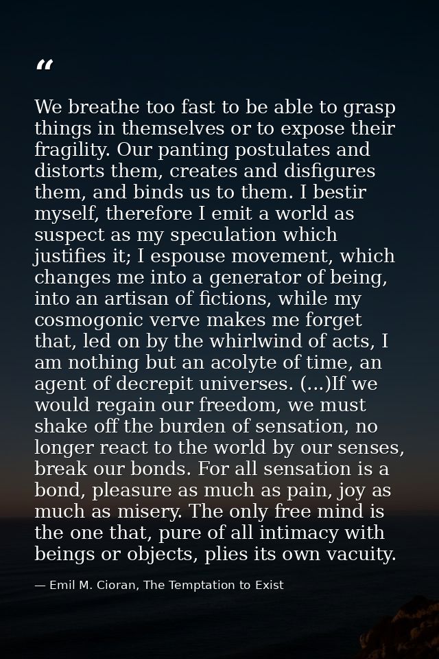 We breathe too fast to be able to grasp things in themselves or to expose their fragility. Our panting postulates and di — Emil M. Cioran, The Temptation to Exist