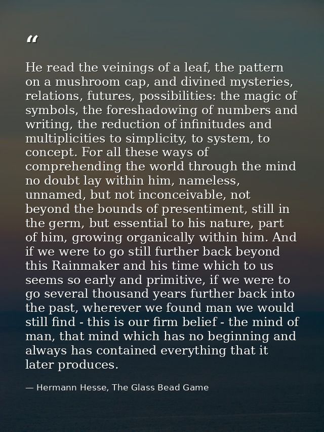 He read the veinings of a leaf, the pattern on a mushroom cap, and divined mysteries, relations, futures, possibilities: — Hermann Hesse, The Glass Bead Game