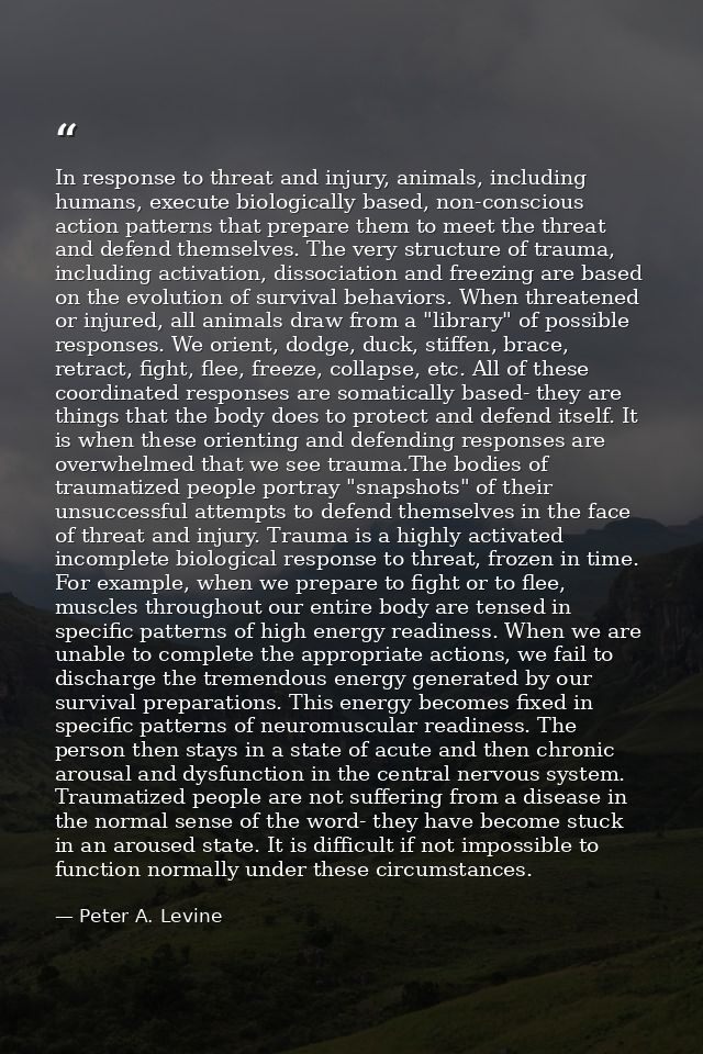 In response to threat and injury, animals, including humans, execute biologically based, non-conscious action patterns t — Peter A. Levine