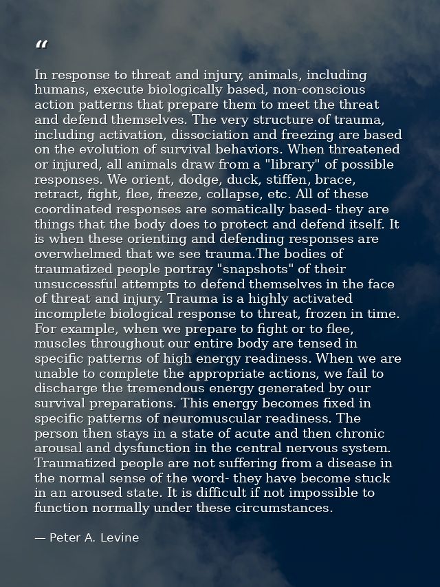 In response to threat and injury, animals, including humans, execute biologically based, non-conscious action patterns t — Peter A. Levine