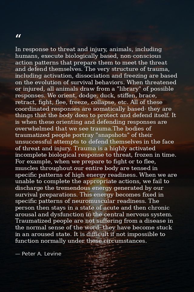 In response to threat and injury, animals, including humans, execute biologically based, non-conscious action patterns t — Peter A. Levine