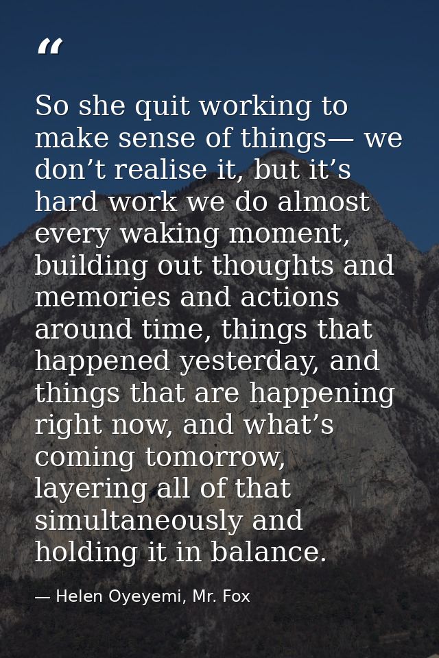 So she quit working to make sense of things— we don’t realise it, but it’s hard work we do almost every waking moment, b — Helen Oyeyemi, Mr. Fox