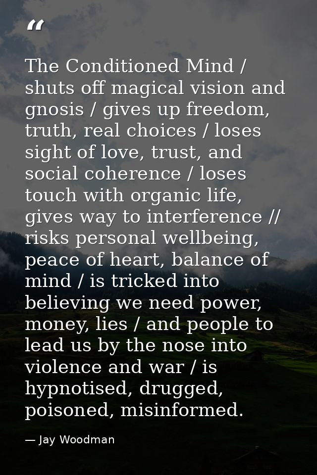 The Conditioned Mind / shuts off magical vision and gnosis / gives up freedom, truth, real choices / loses sight of love — Jay Woodman