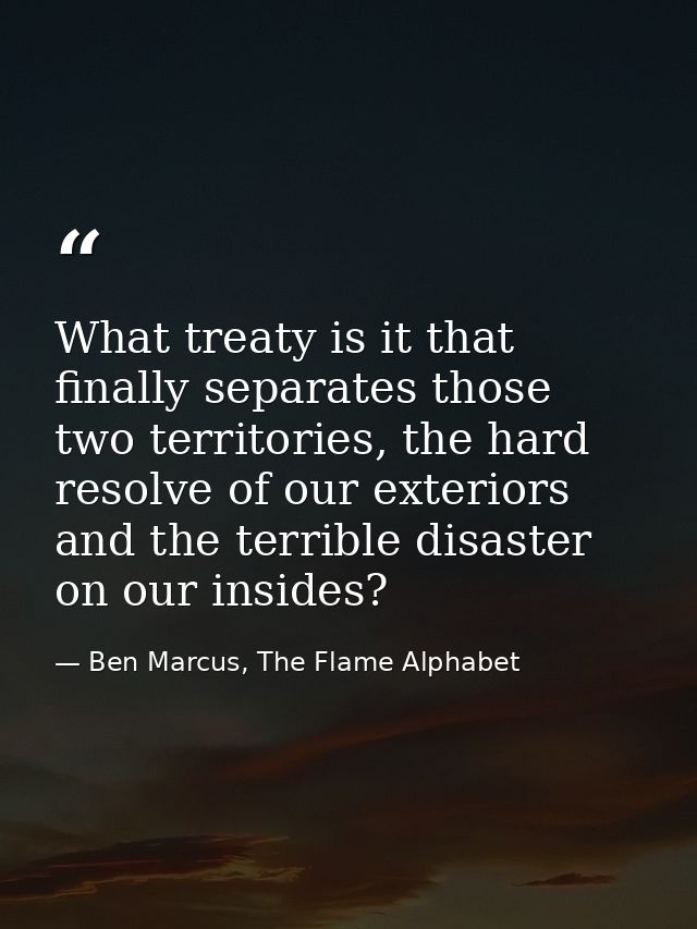 What treaty is it that finally separates those two territories, the hard resolve of our exteriors and the terrible disas — Ben Marcus, The Flame Alphabet