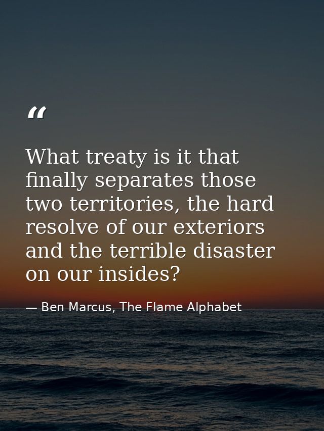 What treaty is it that finally separates those two territories, the hard resolve of our exteriors and the terrible disas — Ben Marcus, The Flame Alphabet