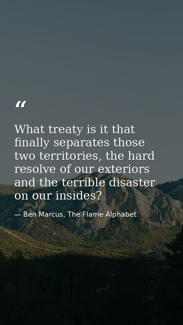 What treaty is it that finally separates those two territories, the hard resolve of our exteriors and the terrible disas — Ben Marcus, The Flame Alphabet