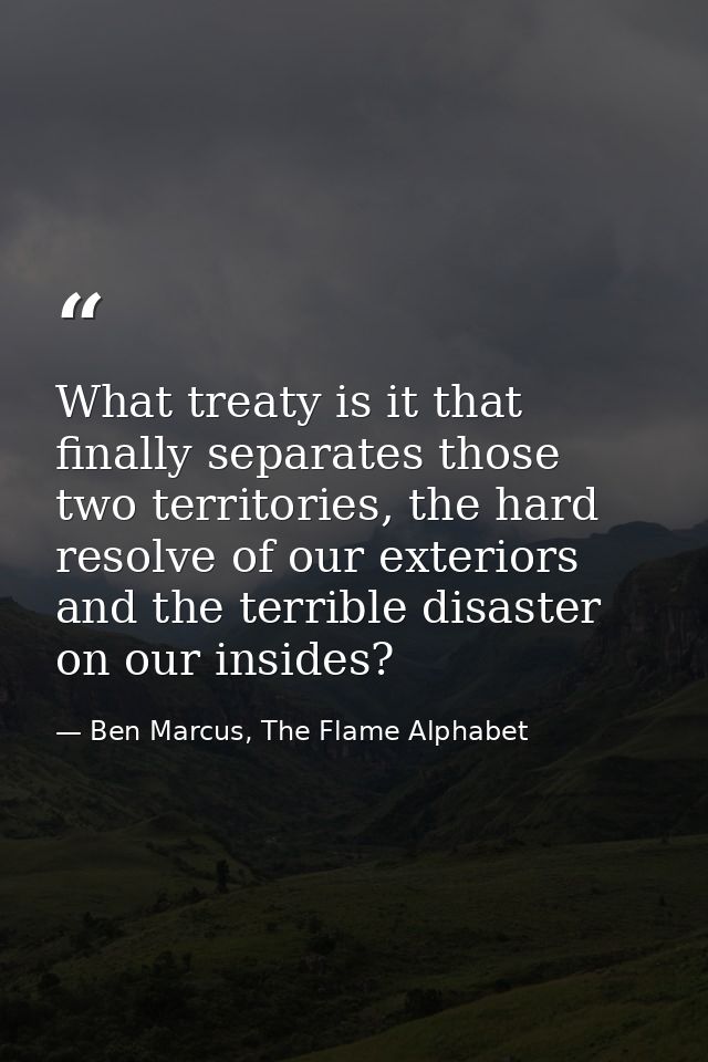 What treaty is it that finally separates those two territories, the hard resolve of our exteriors and the terrible disas — Ben Marcus, The Flame Alphabet