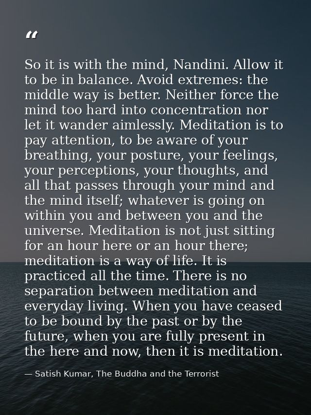 So it is with the mind, Nandini. Allow it to be in balance. Avoid extremes: the middle way is better. Neither force the  — Satish Kumar, The Buddha and the Terrorist