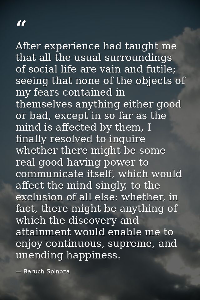 After experience had taught me that all the usual surroundings of social life are vain and futile; seeing that none of t — Baruch Spinoza