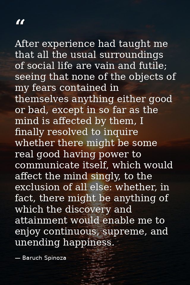 After experience had taught me that all the usual surroundings of social life are vain and futile; seeing that none of t — Baruch Spinoza