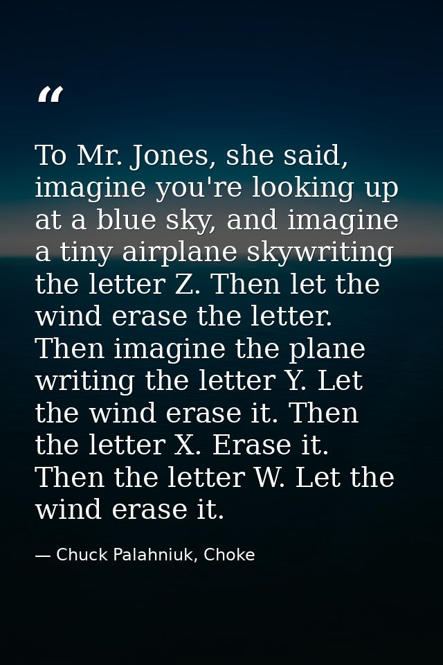 To Mr. Jones, she said, imagine you're looking up at a blue sky, and imagine a tiny airplane skywriting the letter Z. Th — Chuck Palahniuk, Choke