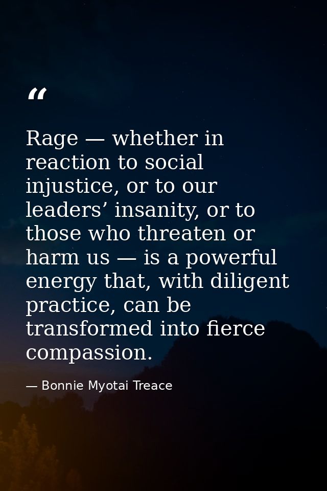 Rage — whether in reaction to social injustice, or to our leaders’ insanity, or to those who threaten or harm us — is a  — Bonnie Myotai Treace