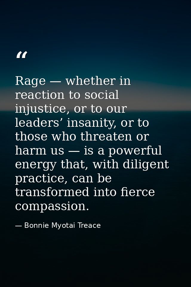 Rage — whether in reaction to social injustice, or to our leaders’ insanity, or to those who threaten or harm us — is a  — Bonnie Myotai Treace
